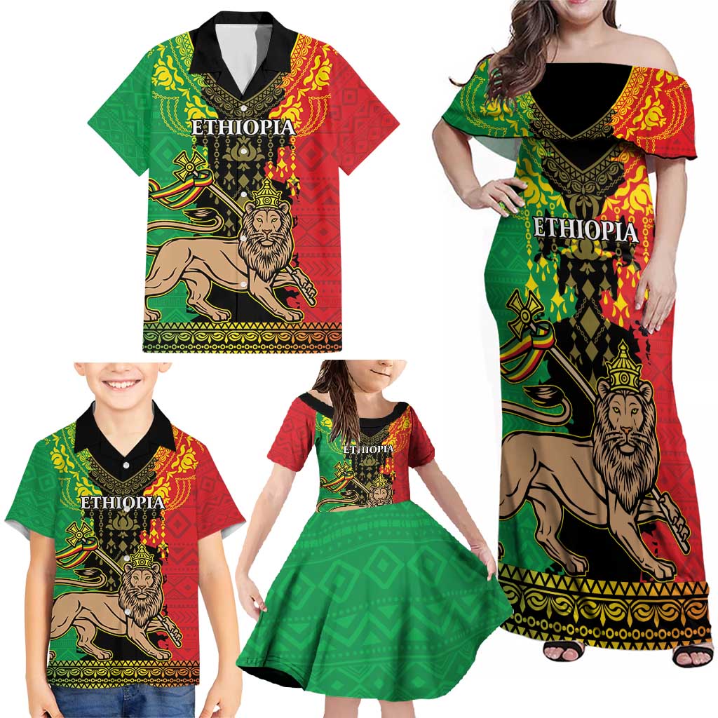 Personalised Ethiopia Family Matching Off Shoulder Maxi Dress and Hawaiian Shirt Lion Of Judah Mix African Pattern