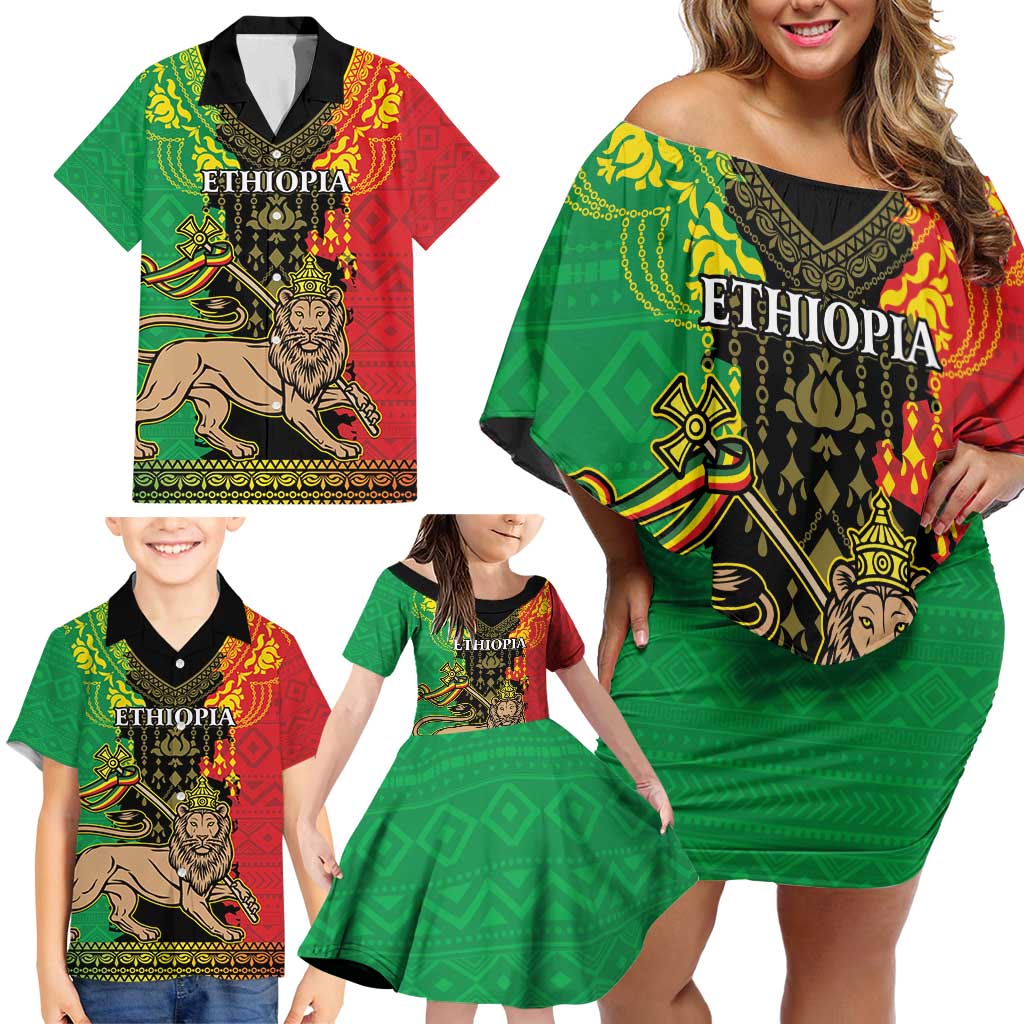 Personalised Ethiopia Family Matching Off Shoulder Short Dress and Hawaiian Shirt Lion Of Judah Mix African Pattern