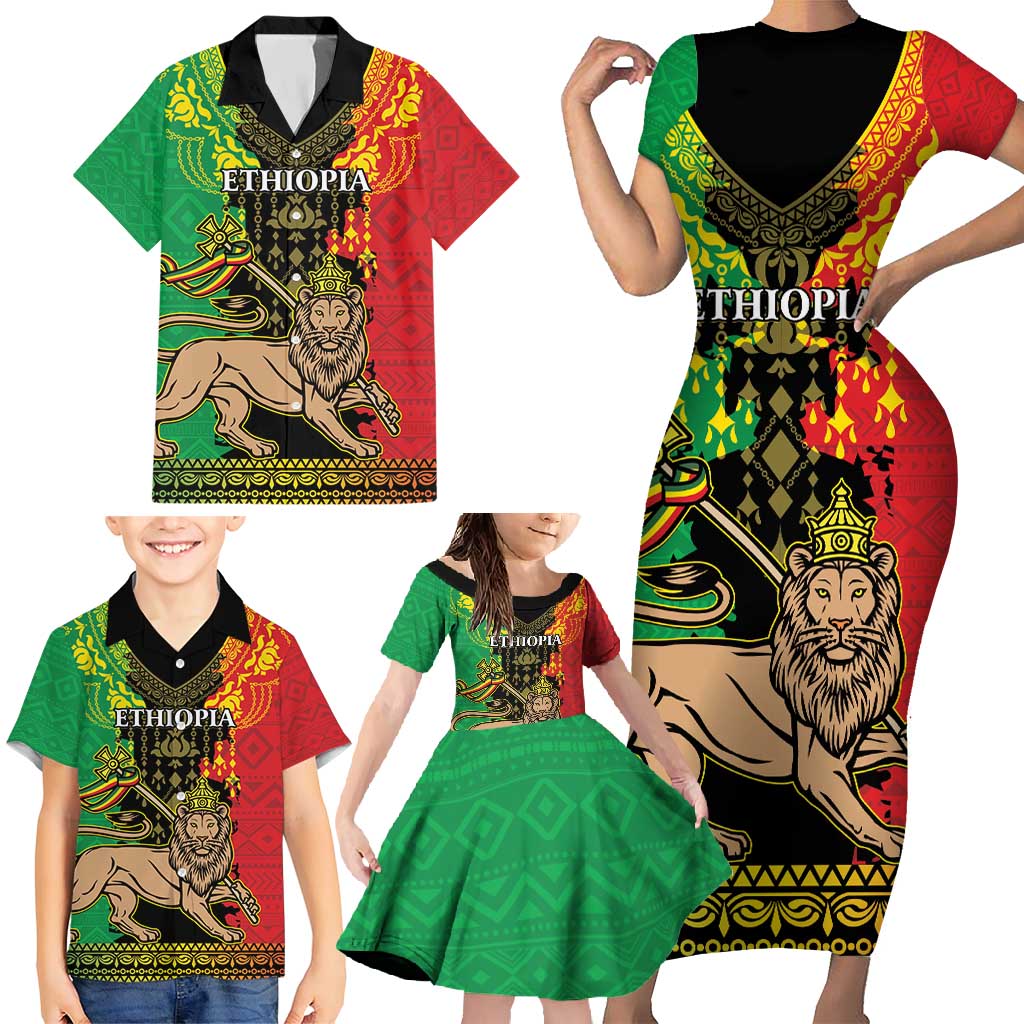 Personalised Ethiopia Family Matching Short Sleeve Bodycon Dress and Hawaiian Shirt Lion Of Judah Mix African Pattern