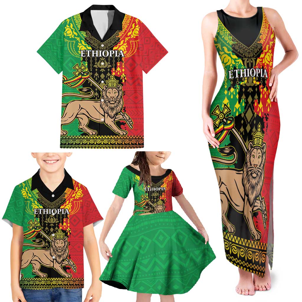 Personalised Ethiopia Family Matching Tank Maxi Dress and Hawaiian Shirt Lion Of Judah Mix African Pattern