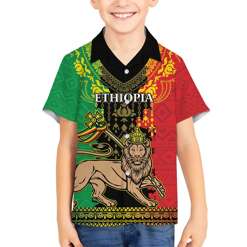 Personalised Ethiopia Kid Hawaiian Shirt Lion Of Judah Mix African Pattern