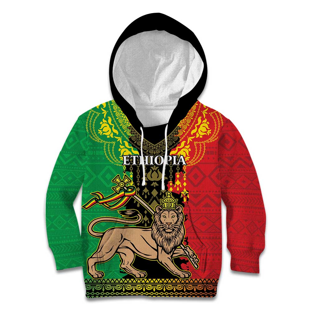 Personalised Ethiopia Kid Hoodie Lion Of Judah Mix African Pattern