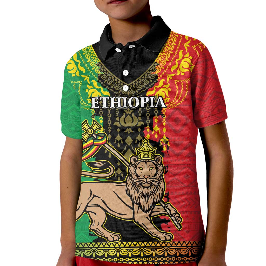 Personalised Ethiopia Kid Polo Shirt Lion Of Judah Mix African Pattern