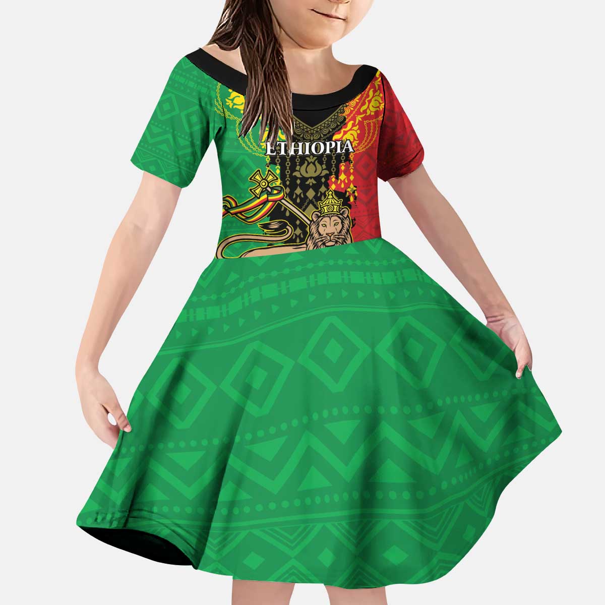 Personalised Ethiopia Kid Short Sleeve Dress Lion Of Judah Mix African Pattern