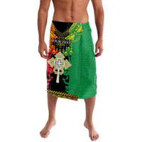 Green African patterned wrap skirt with cross and lion graphic, knee-length, black waistband