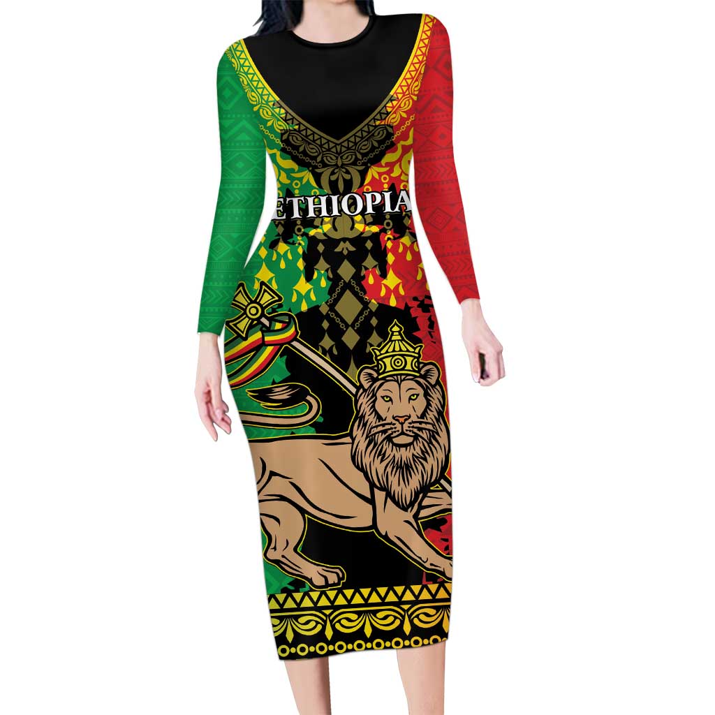 Personalised Ethiopia Long Sleeve Bodycon Dress Lion Of Judah Mix African Pattern