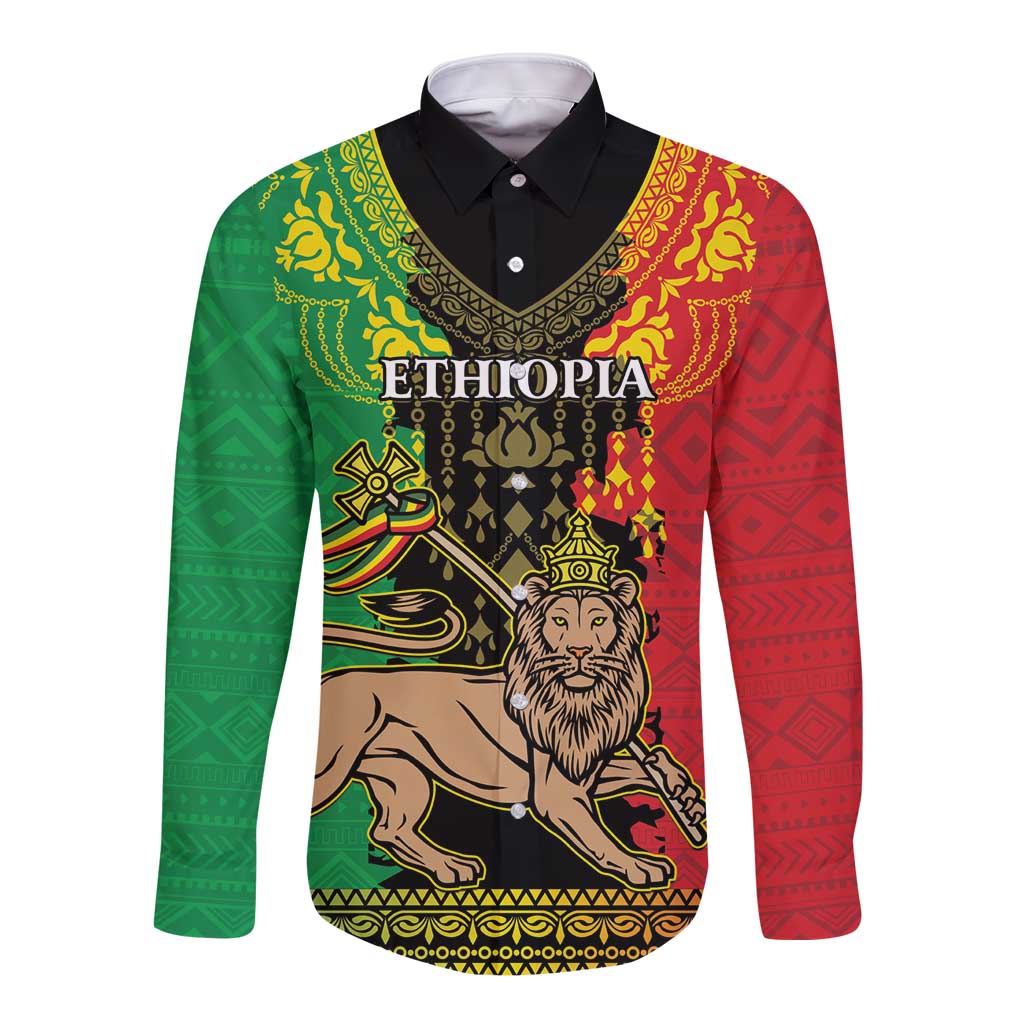 Long sleeve button shirt in red and green with lion graphic and Ethiopia pattern
