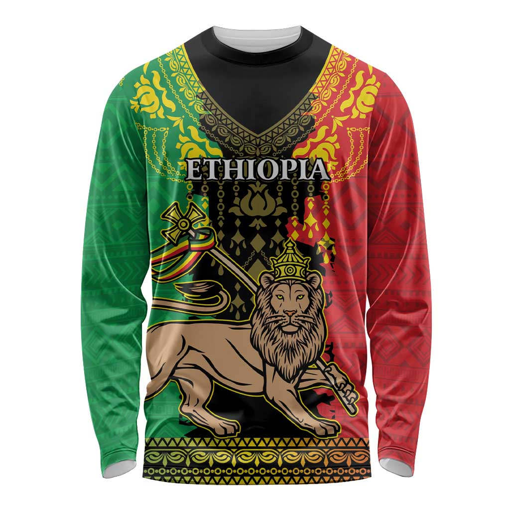 Personalised Ethiopia Long Sleeve Shirt Lion Of Judah Mix African Pattern