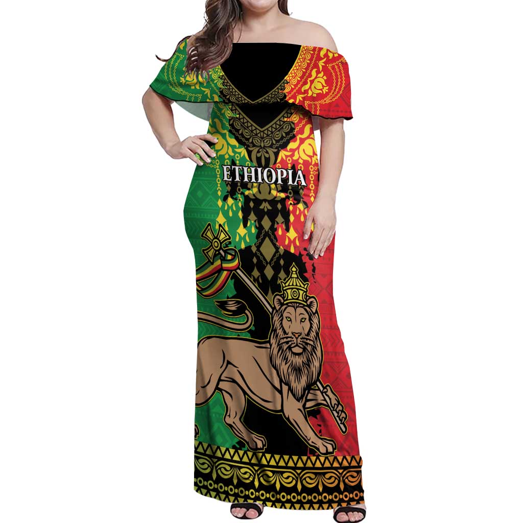 Personalised Ethiopia Off Shoulder Maxi Dress Lion Of Judah Mix African Pattern