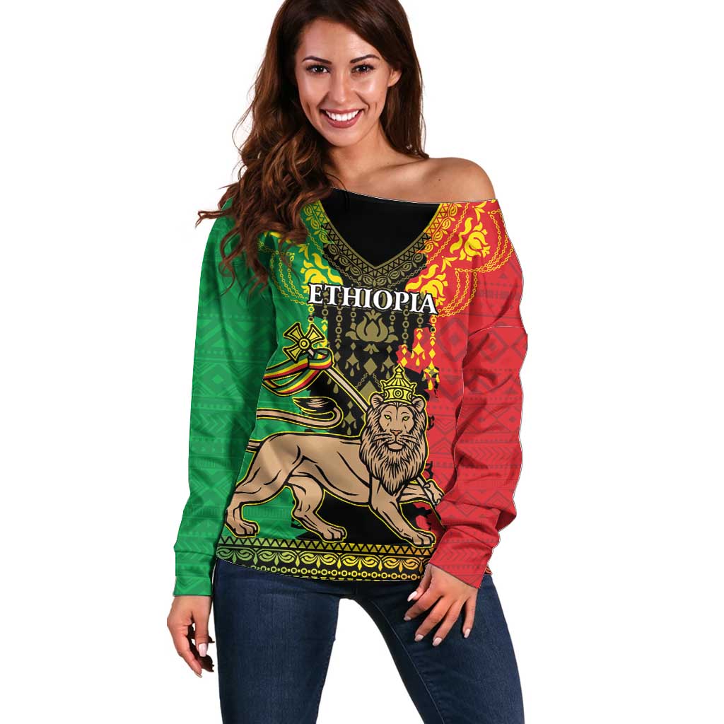 Personalised Ethiopia Off Shoulder Sweater Lion Of Judah Mix African Pattern