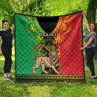 Personalized Ethiopia quilt blanket with quilted panels, green and red lion motif and custom text