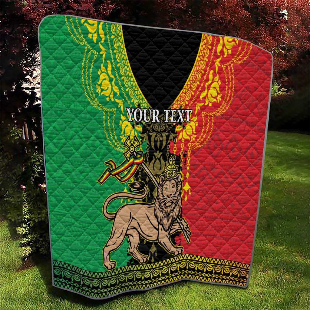 Personalized Ethiopia quilt blanket, green and red sides with black center and lion of Judah graphic