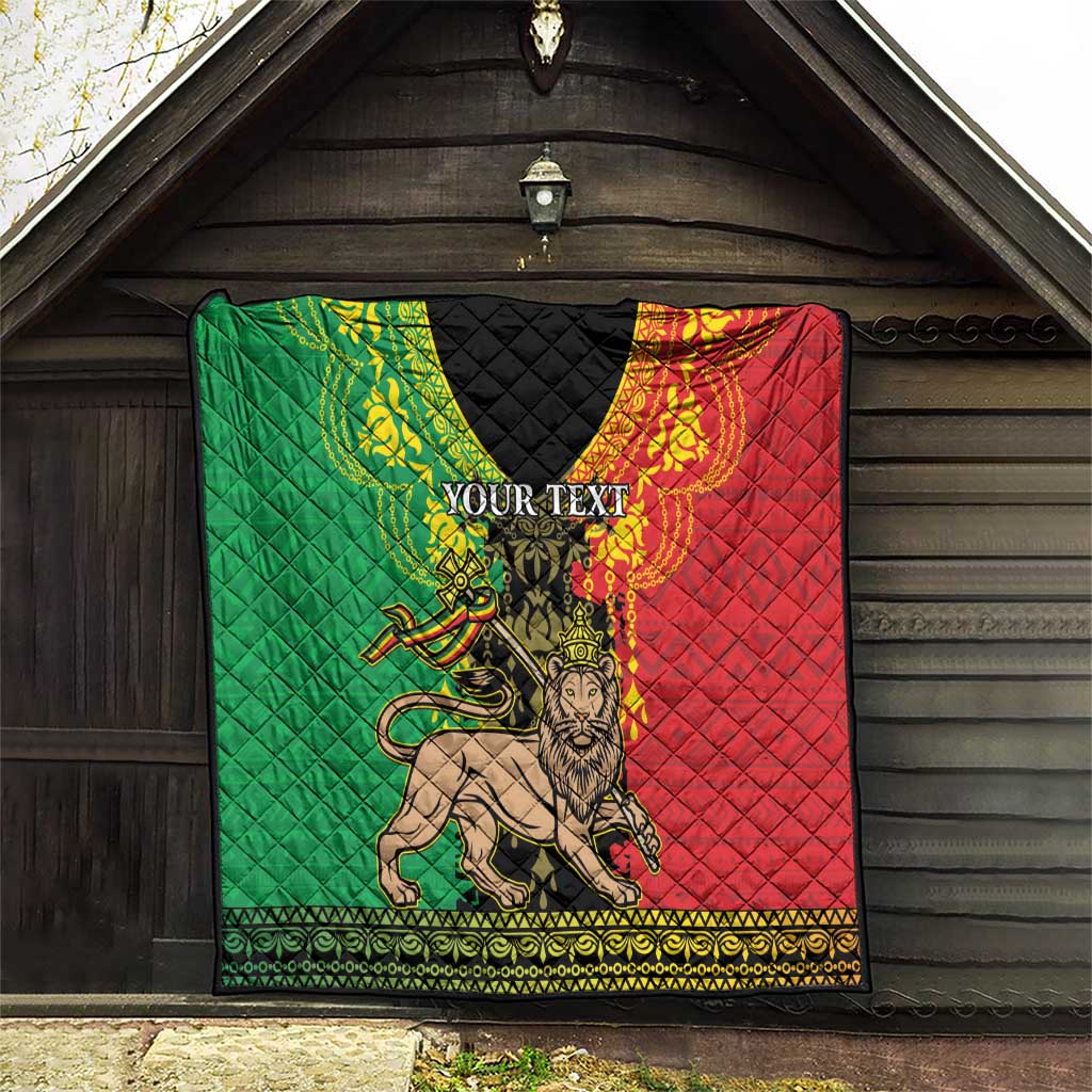 Personalized Ethiopia quilt blanket hanging on wooden wall, green/red with lion of Judah artwork