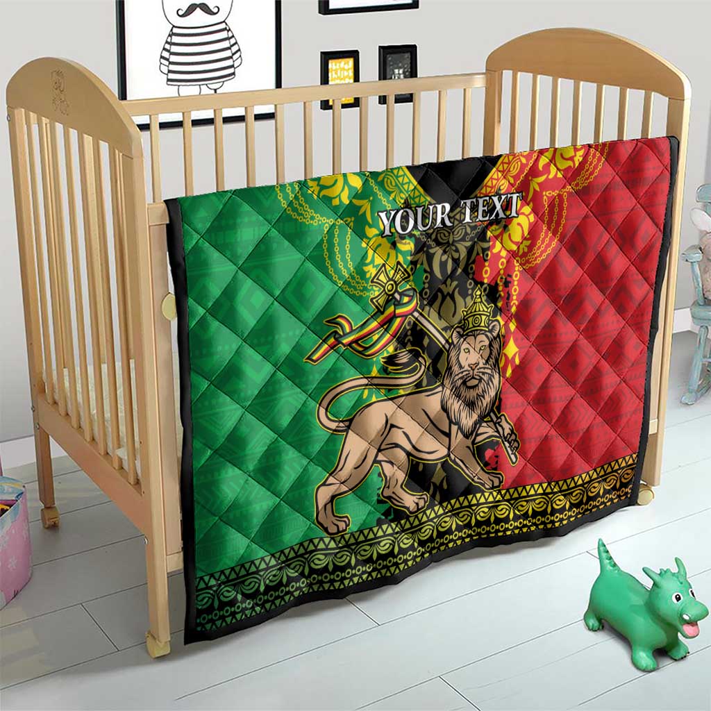 Personalized Ethiopia quilt blanket on baby bed, green and red lion design with custom text