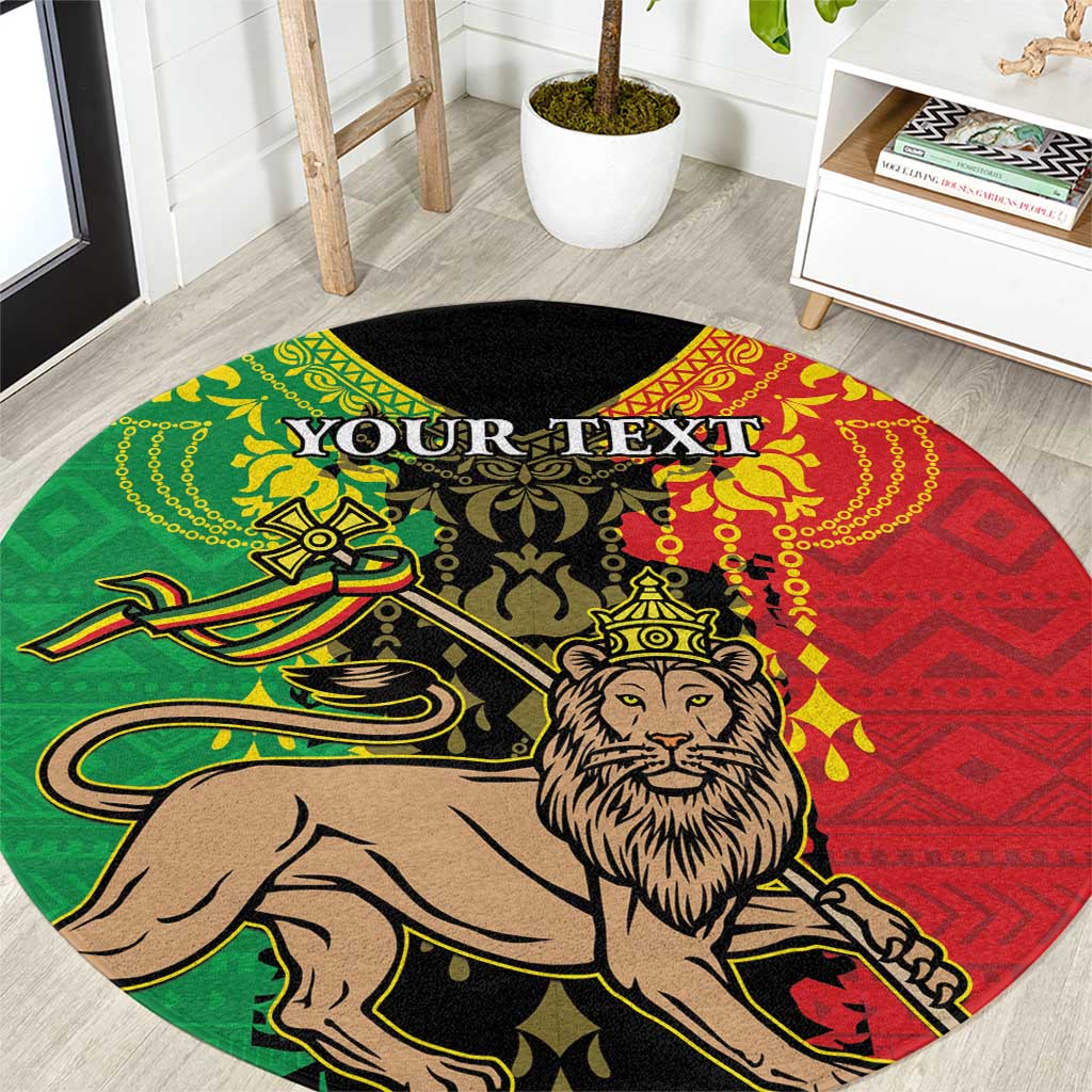 Round lion of Judah patterned rug with custom text, red green black circular design
