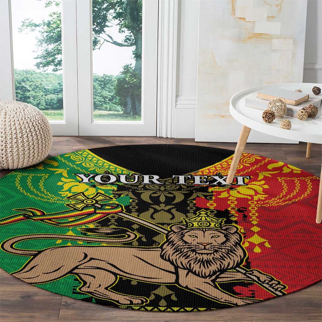 Round lion of Judah rug with custom text, red and green circular pattern on floor