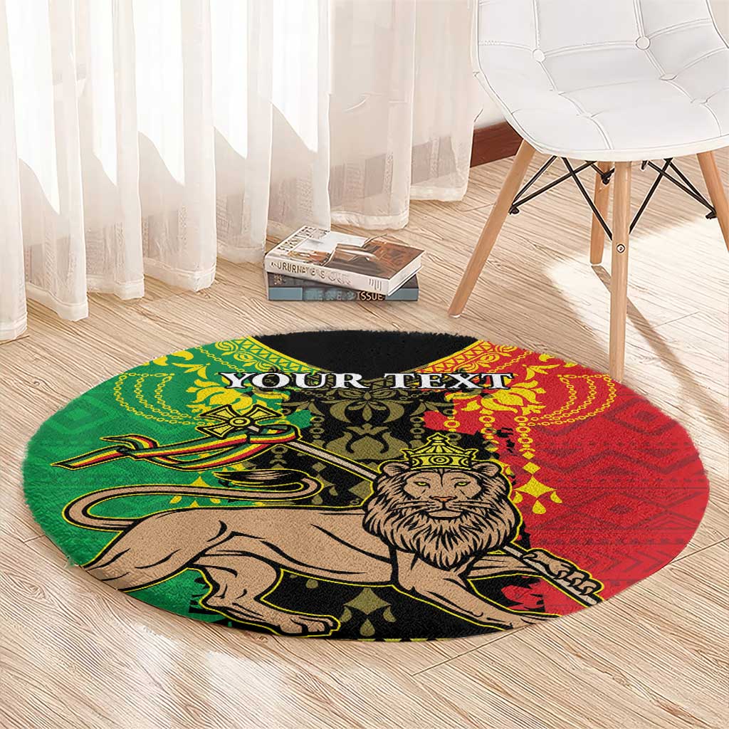 Round lion of Judah carpet with your text, red-green-black design on light wood floor