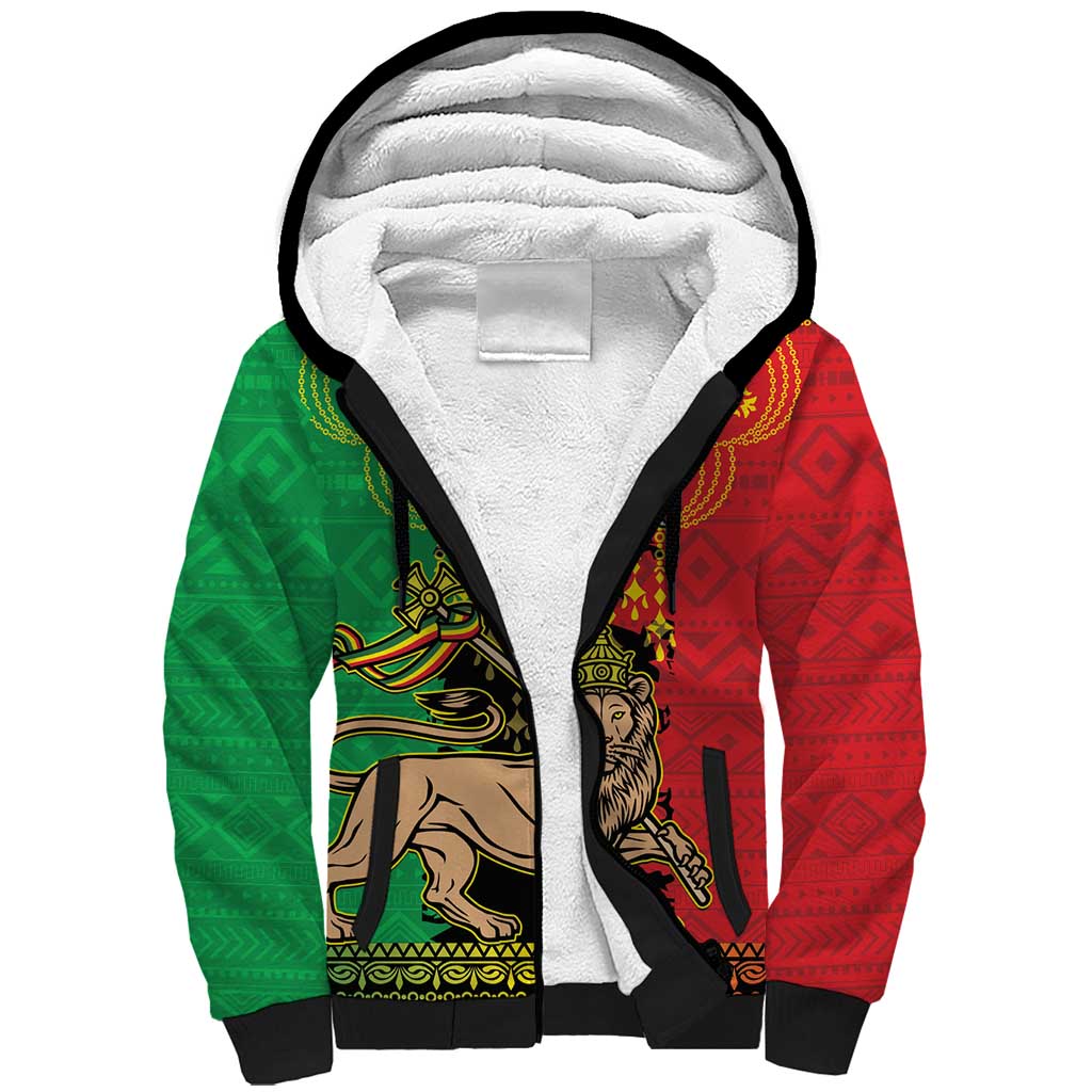 Personalised Ethiopia Sherpa Hoodie Lion Of Judah Mix African Pattern