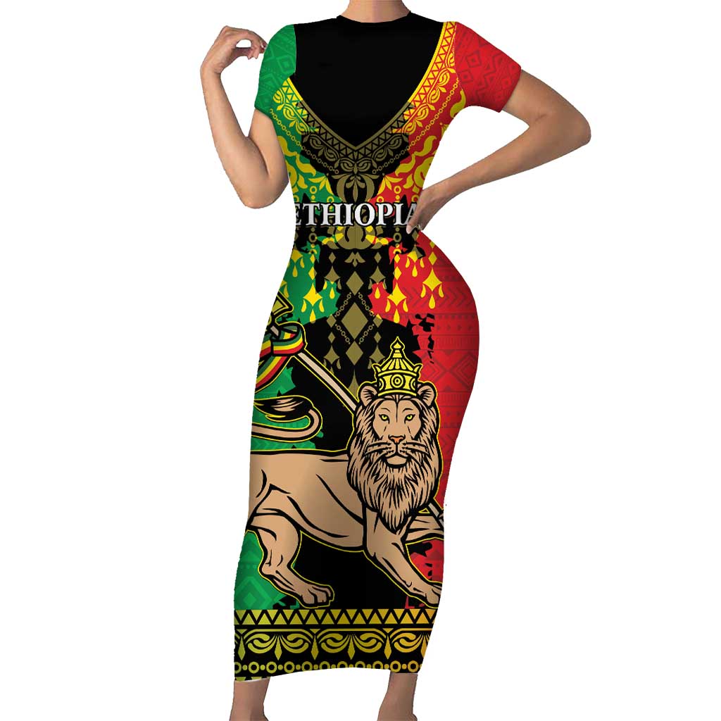 Personalised Ethiopia Short Sleeve Bodycon Dress Lion Of Judah Mix African Pattern