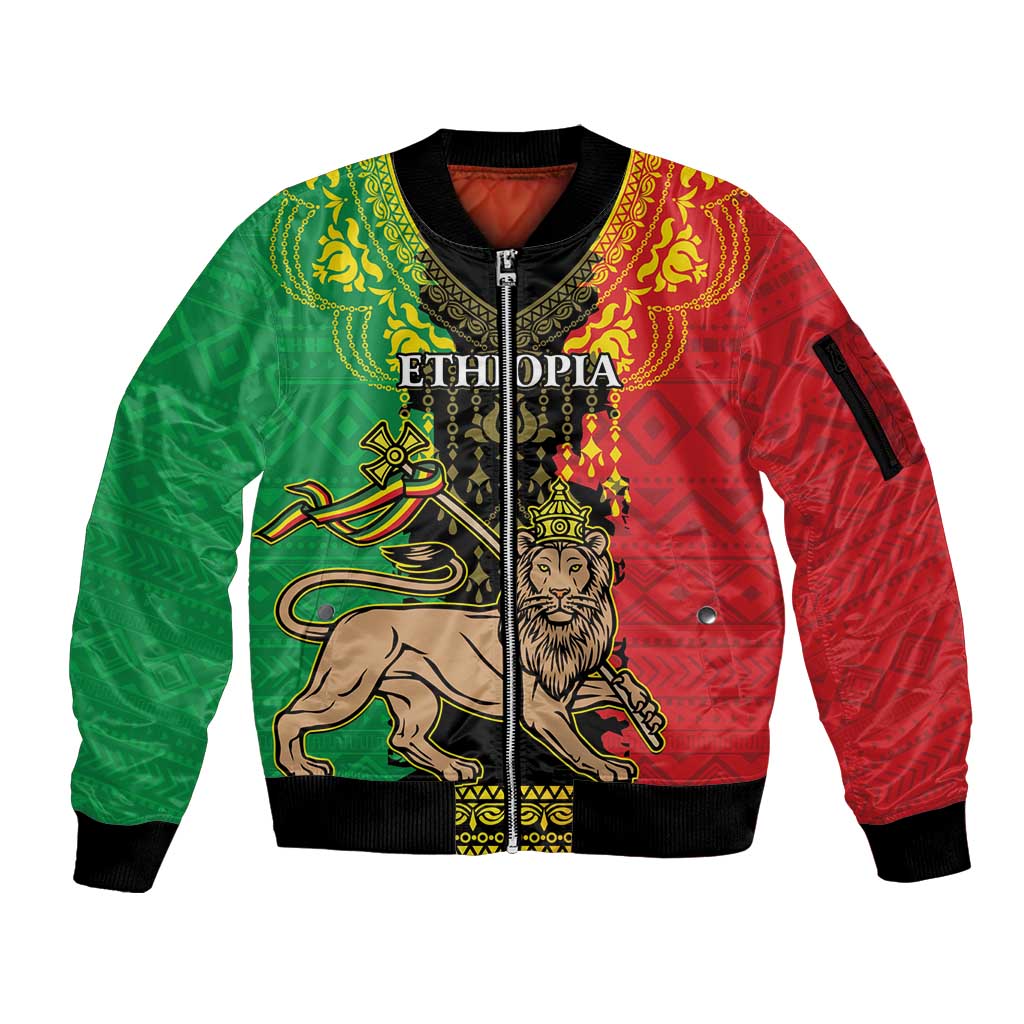 Personalised Ethiopia Sleeve Zip Bomber Jacket Lion Of Judah Mix African Pattern