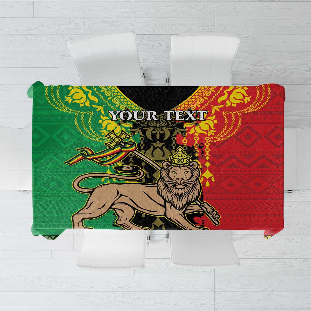 Personalized Ethiopia tablecloth with Lion of Judah graphic, red green and gold pattern