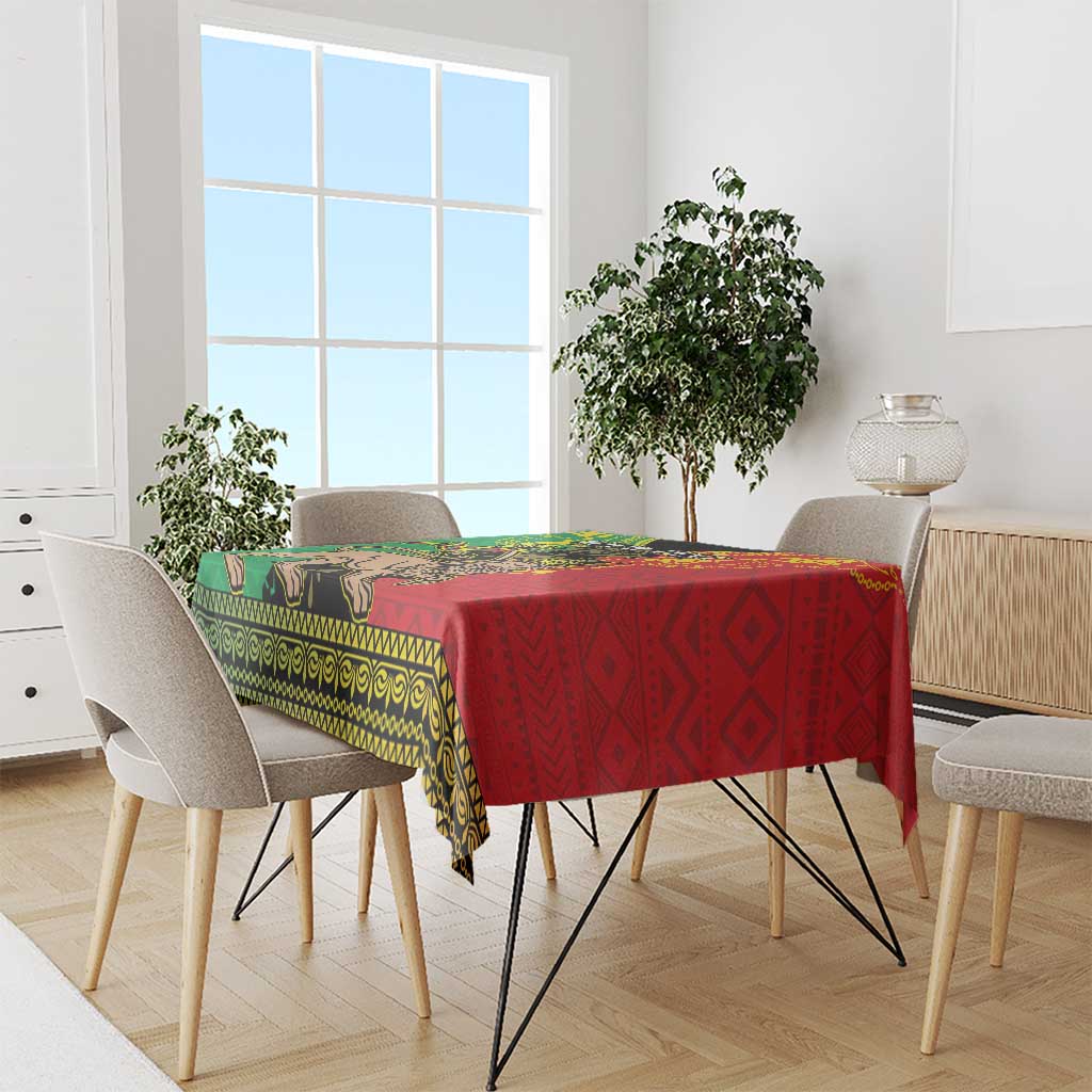 Ethiopia patterned tablecloth with red center and green side panels, Lion of Judah design