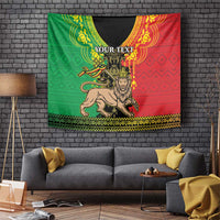 Lion of Judah tapestry with crown, red/green geometric patterns and 'YOUR TEXT' placeholder.