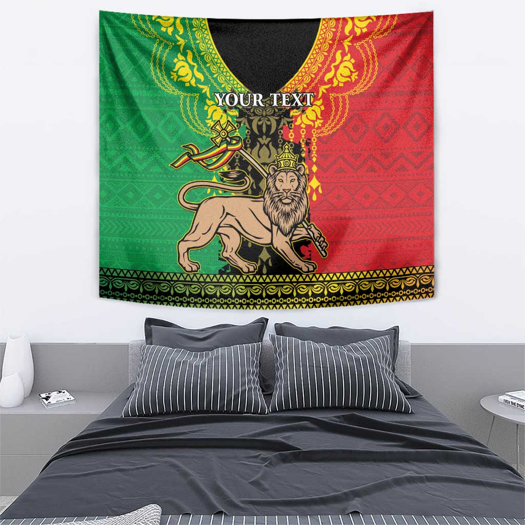Lion of Judah tapestry panel in red and green, featuring a crowned lion with 'YOUR TEXT'.