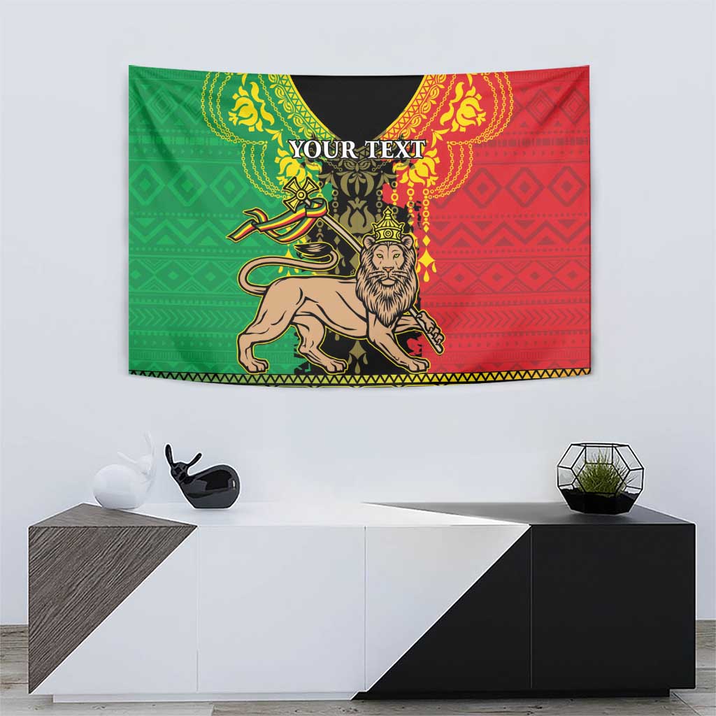 Lion of Judah tapestry with crowned lion, red/green patterned design and 'YOUR TEXT' across top.