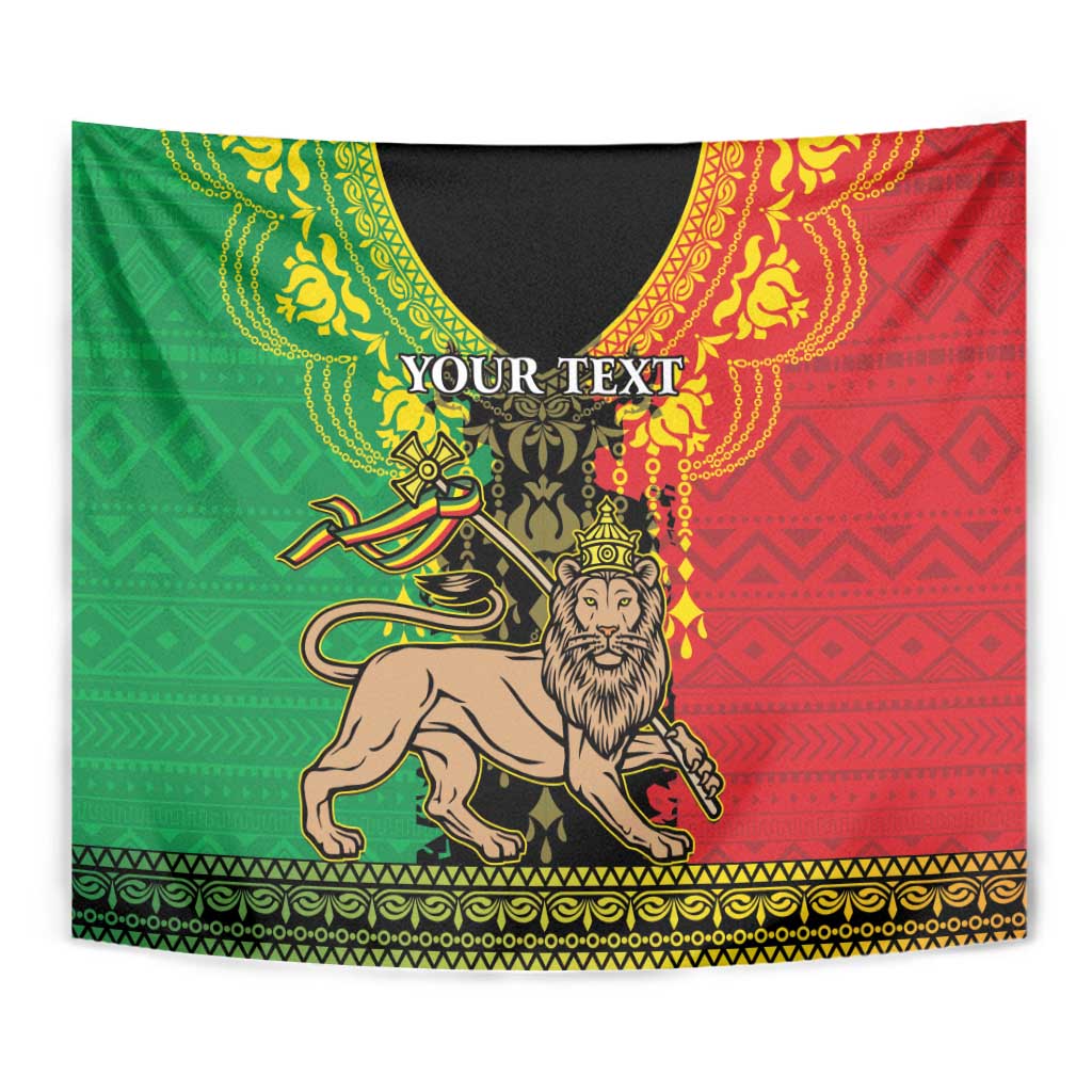 Full view Lion of Judah tapestry, red/green geometric background with crown and 'YOUR TEXT'.