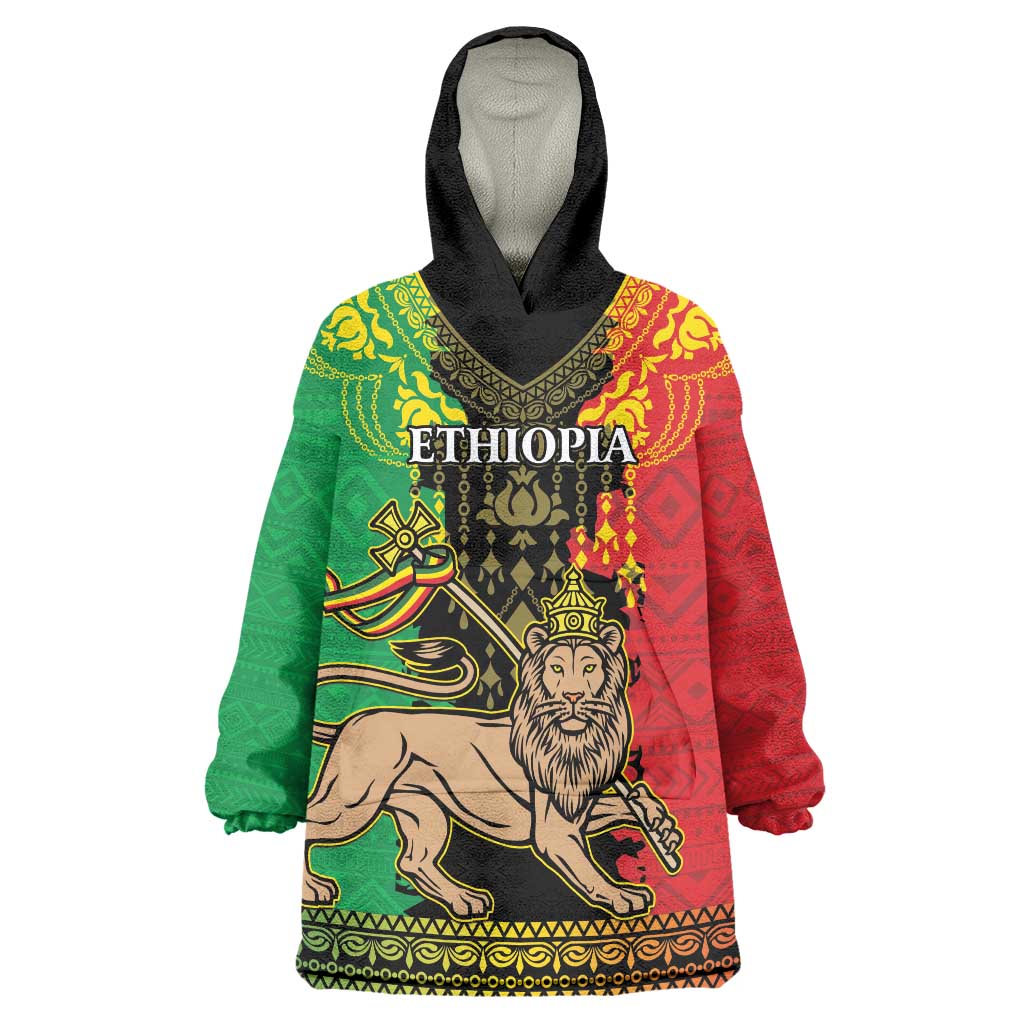 Personalised Ethiopia Wearable Blanket Hoodie Lion Of Judah Mix African Pattern