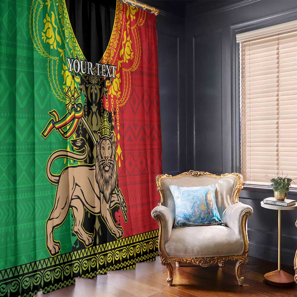 Window curtains with green and red Lion of Judah designs, gold border, 'YOUR TEXT' panel.