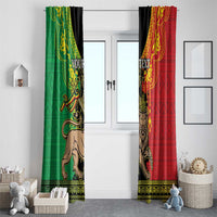 Hanging window curtains with green and red panels, Lion of Judah, gold trim, 'YOUR TEXT'.