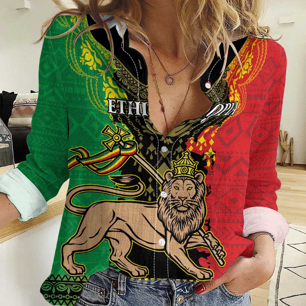 Personalised Ethiopia Women Casual Shirt Lion Of Judah Mix African Pattern