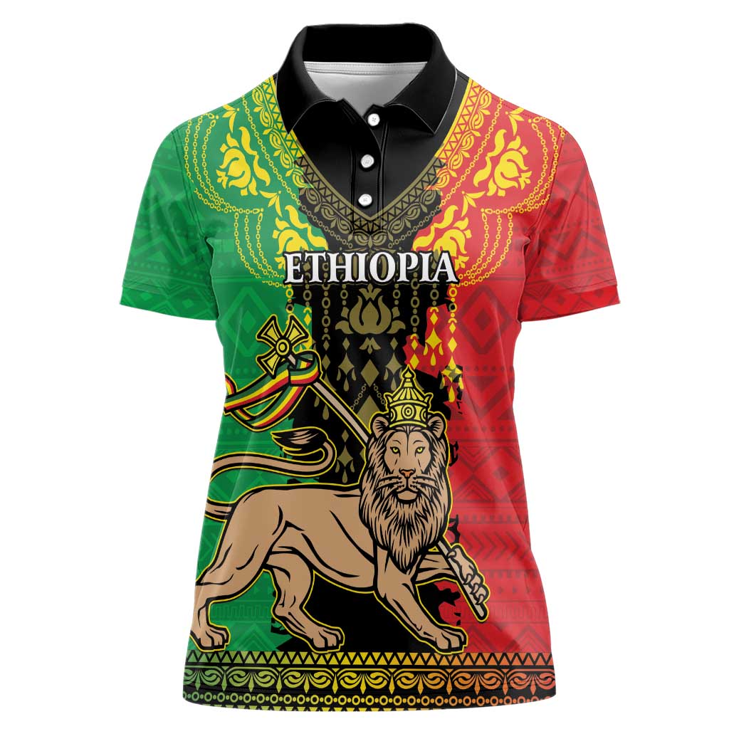 Personalised Ethiopia Women Polo Shirt Lion Of Judah Mix African Pattern