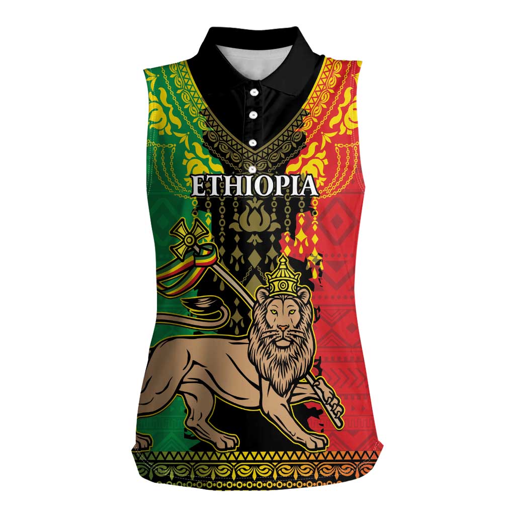 Personalised Ethiopia Women Sleeveless Polo Shirt Lion Of Judah Mix African Pattern