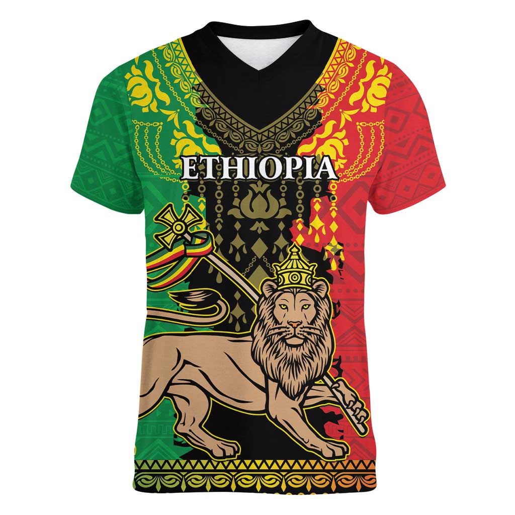 Personalised Ethiopia Women V-Neck T-Shirt Lion Of Judah Mix African Pattern