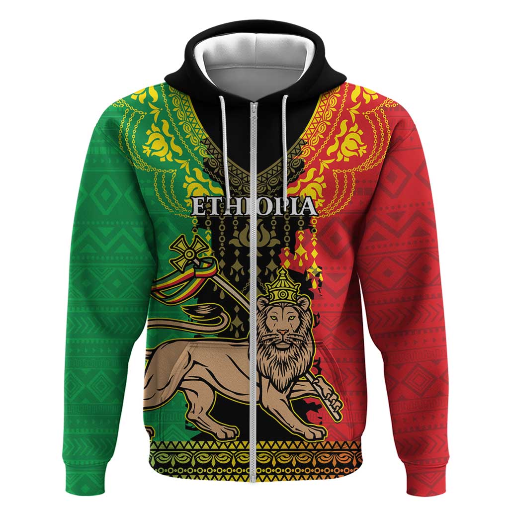 Personalised Ethiopia Zip Hoodie Lion Of Judah Mix African Pattern