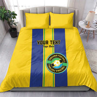Yellow and blue football bedding set with custom text and Tanzania crest, duvet and 2 pillowcases
