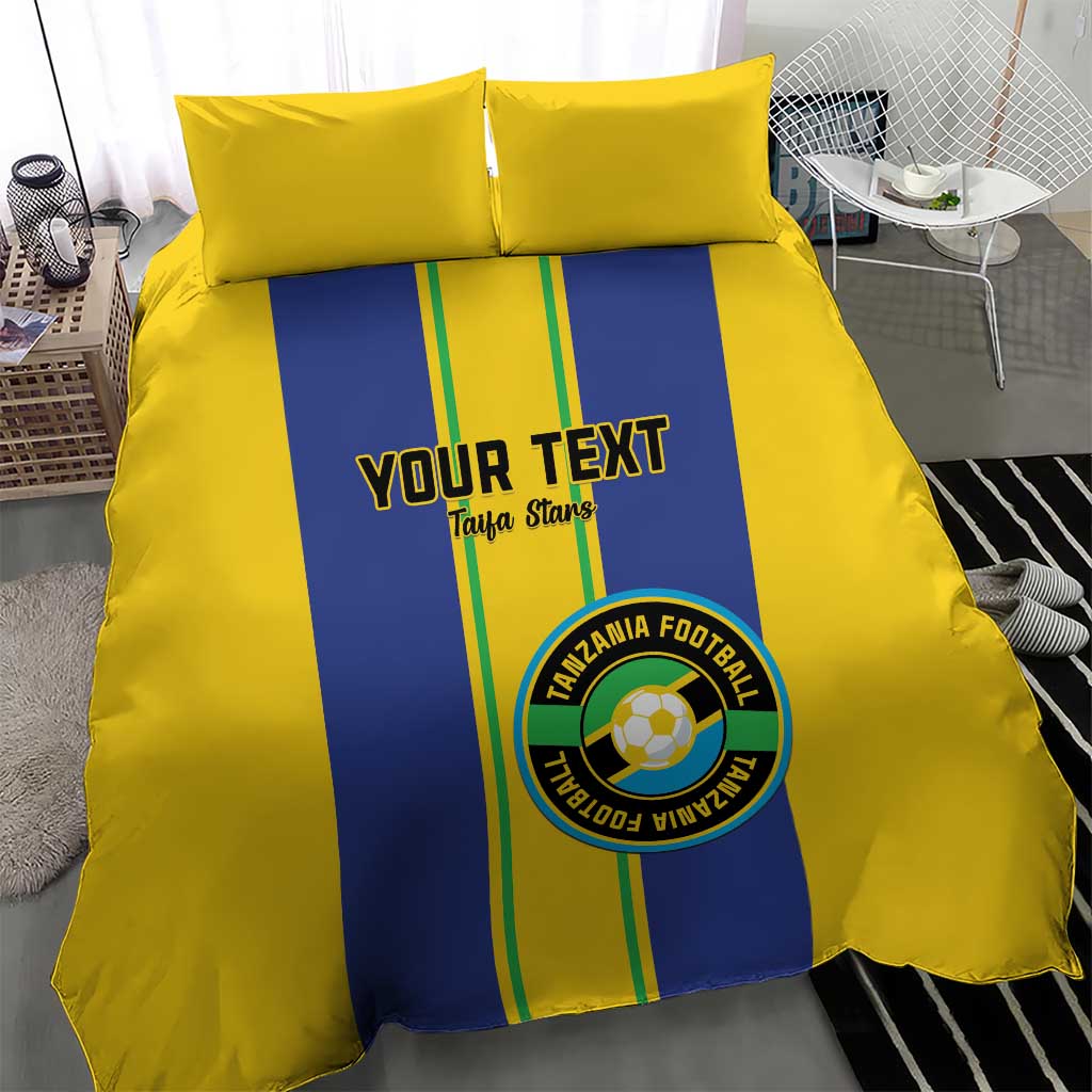 Yellow and blue bedding set with custom text and Tanzania football crest, 2 pillowcases