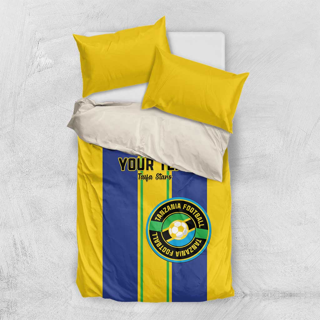 Yellow and blue bedding set with custom text and Tanzania football crest, duvet and 2 pillowcases