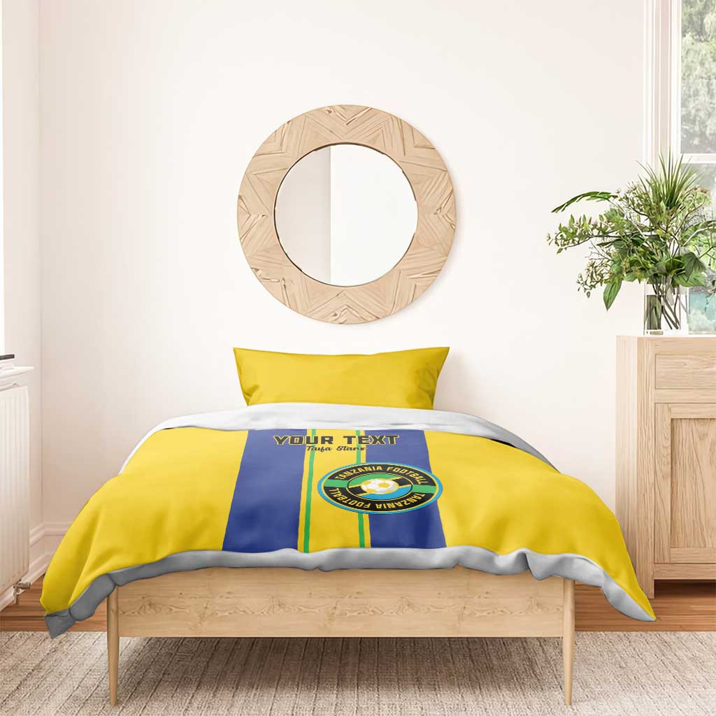 Yellow and blue bedding set with custom text and Tanzania football crest, 2 pillowcases