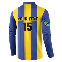 Blue and yellow striped button-up sweatshirt back with 'YOUR TEXT' and '15'