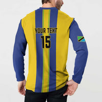 Blue and yellow striped button-up sweatshirt back with 'YOUR TEXT' and '15' number print