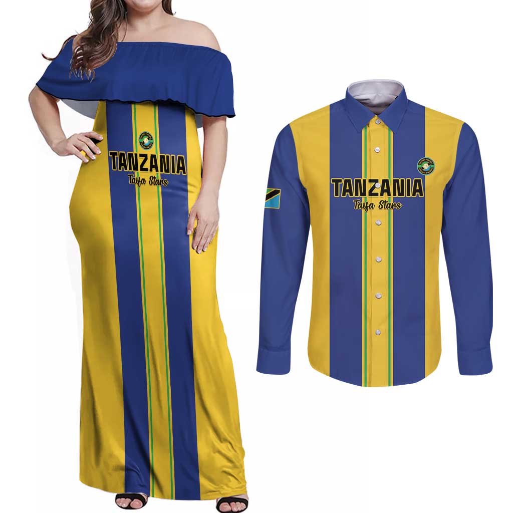 Custom Tanzania Football Couples Matching Off Shoulder Maxi Dress and Long Sleeve Button Shirt Sporty Style