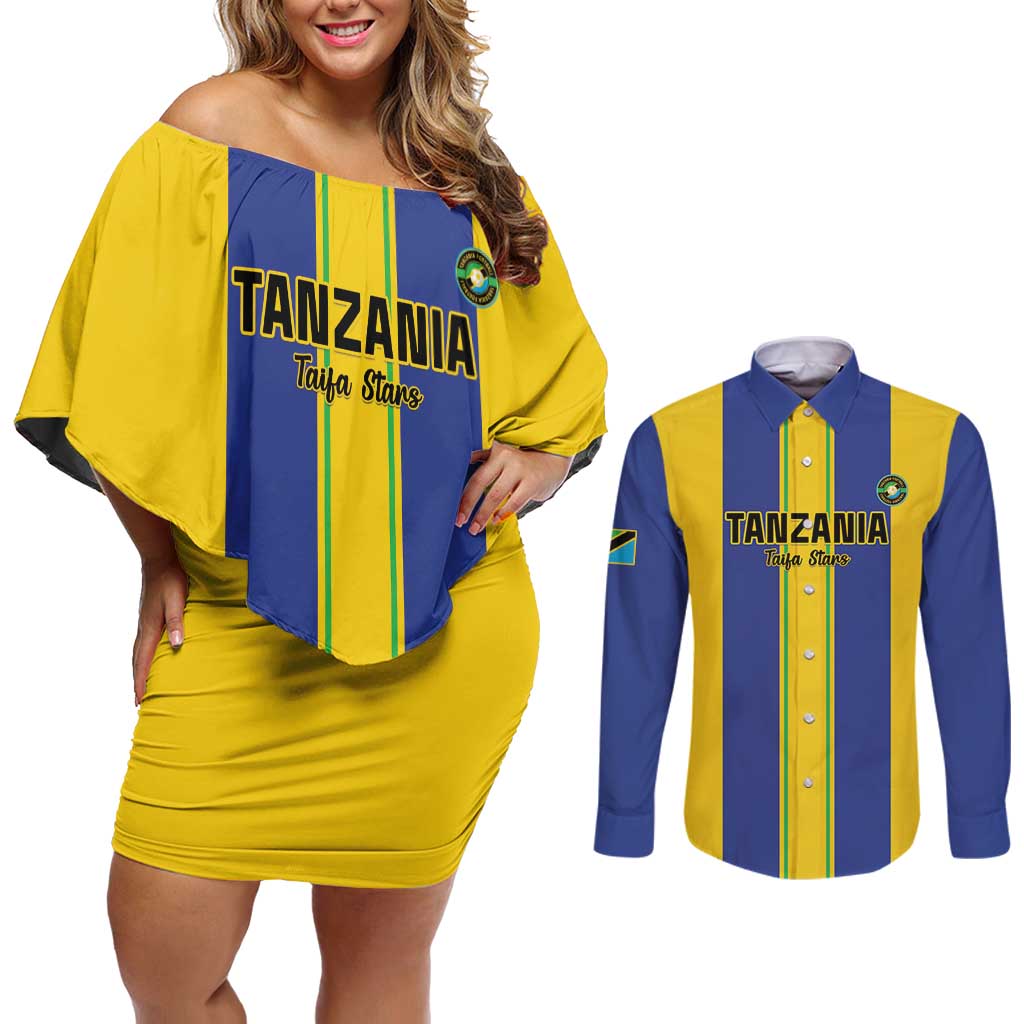 Custom Tanzania Football Couples Matching Off Shoulder Short Dress and Long Sleeve Button Shirt Sporty Style