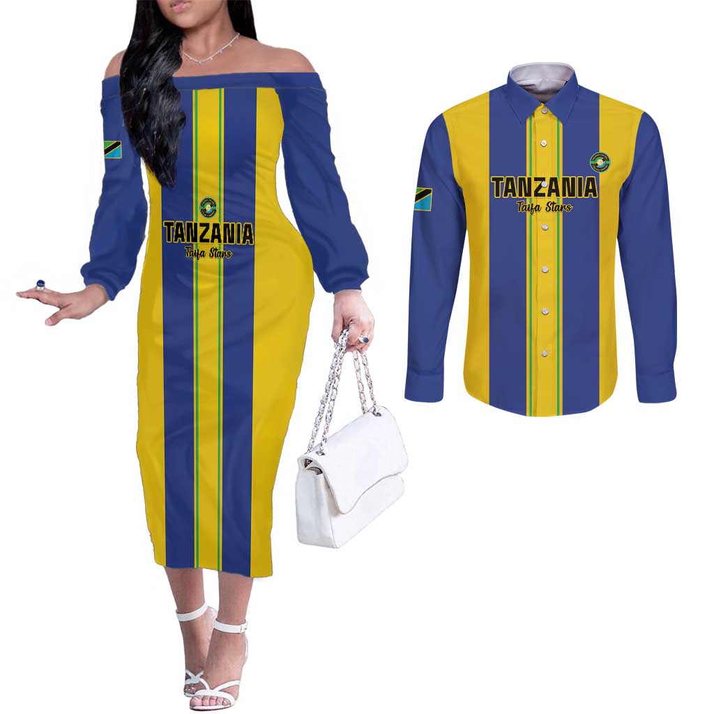 Custom Tanzania Football Couples Matching Off The Shoulder Long Sleeve Dress and Long Sleeve Button Shirt Sporty Style