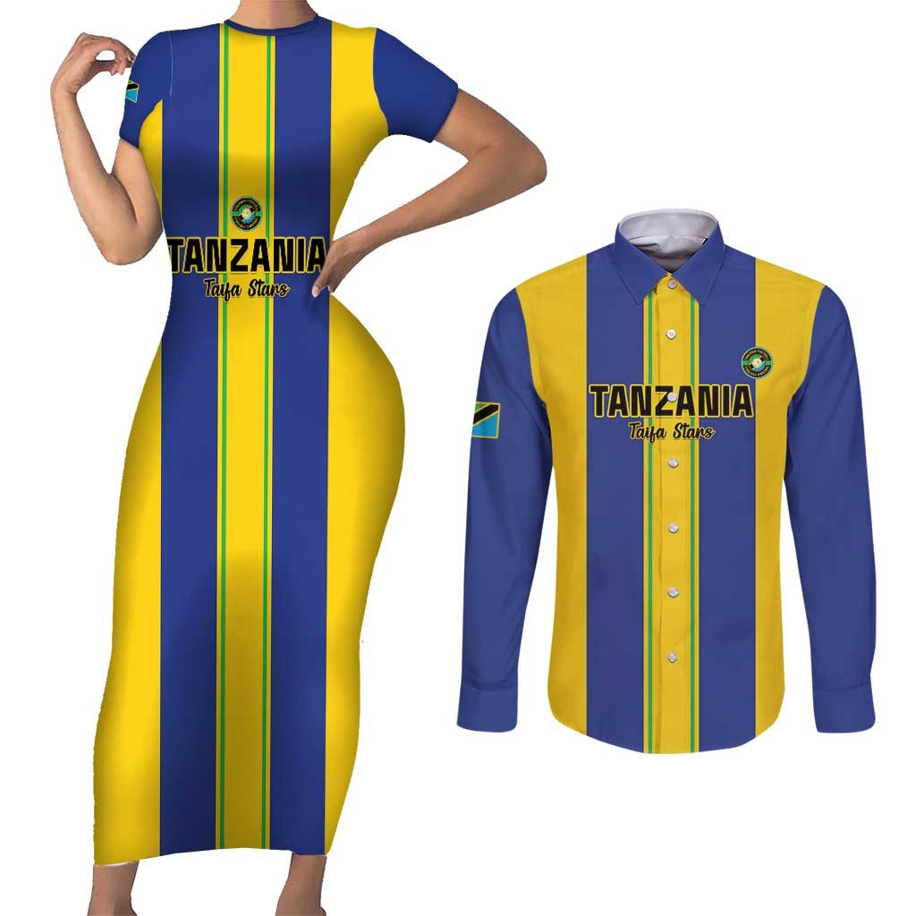 Custom Tanzania Football Couples Matching Short Sleeve Bodycon Dress and Long Sleeve Button Shirt Sporty Style