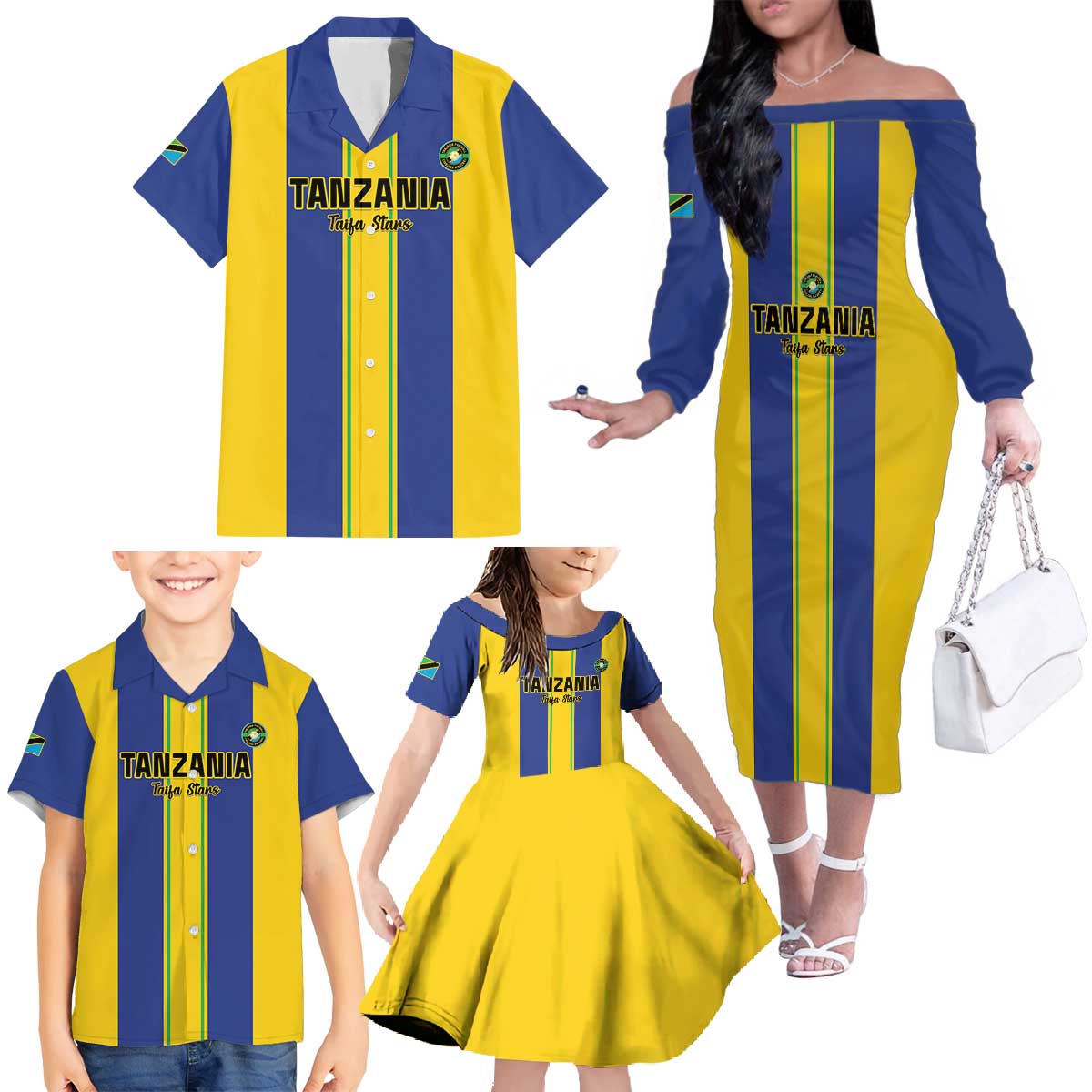 Custom Tanzania Football Family Matching Off The Shoulder Long Sleeve Dress and Hawaiian Shirt Sporty Style