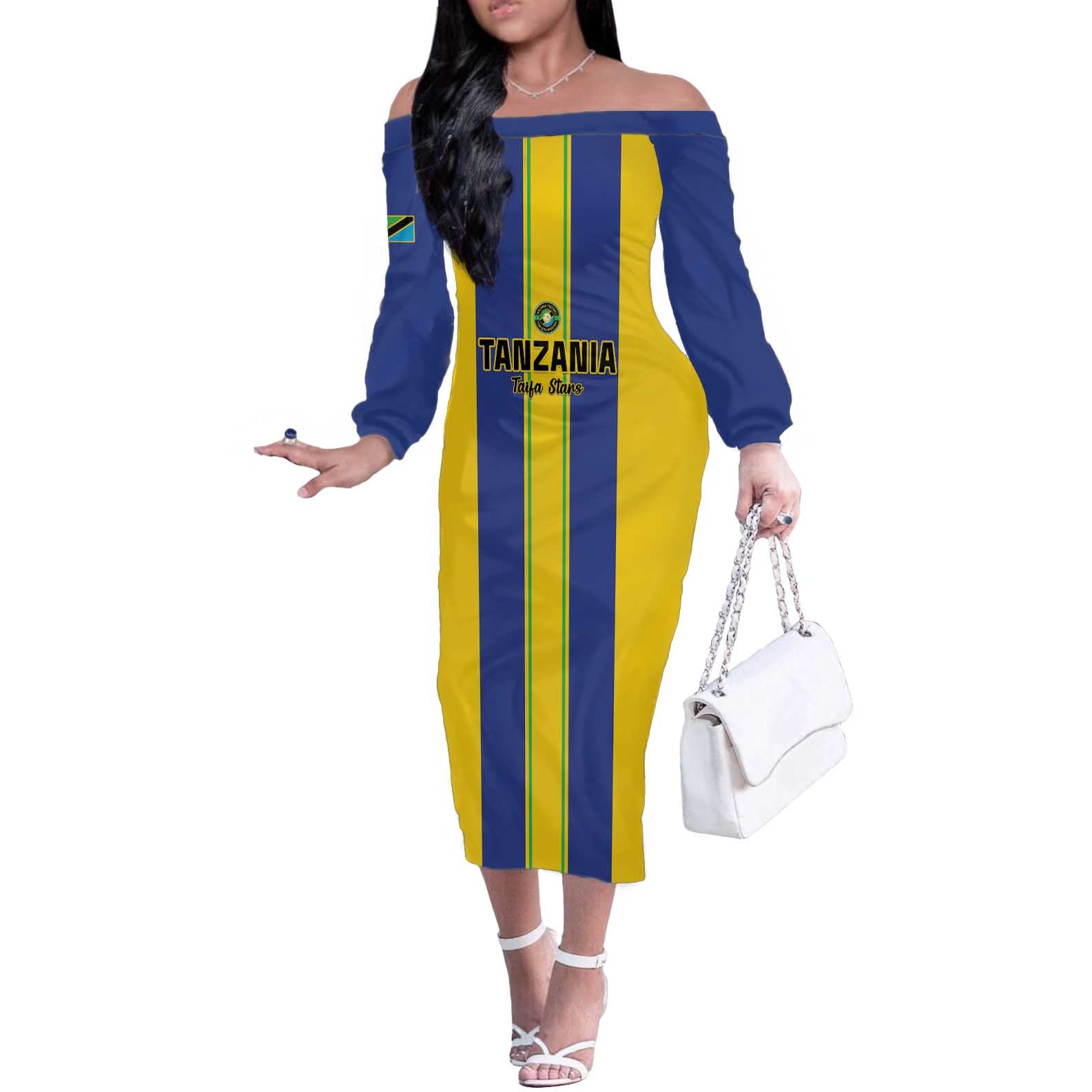 Custom Tanzania Football Off The Shoulder Long Sleeve Dress Sporty Style